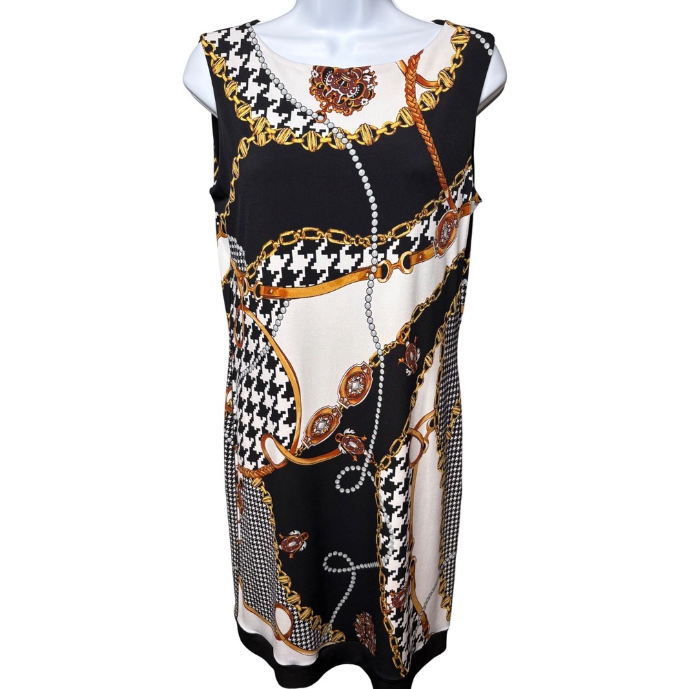 EVA VARRO Womens Black Gold Chain Houndstooth Shift Dress M Italian Chic Baroque